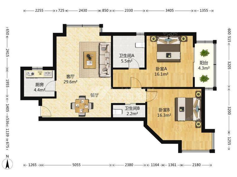 达安锦园 2室 2厅 2卫 南 800.00万